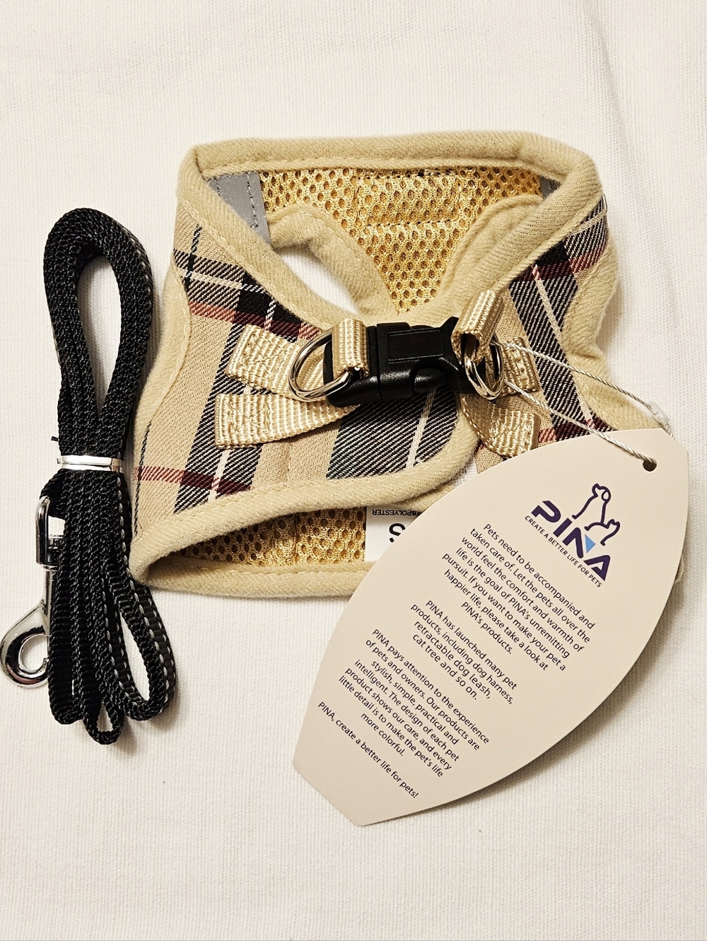 PINA Plaid XS Dog Harness and Leash Set in Beige and Black